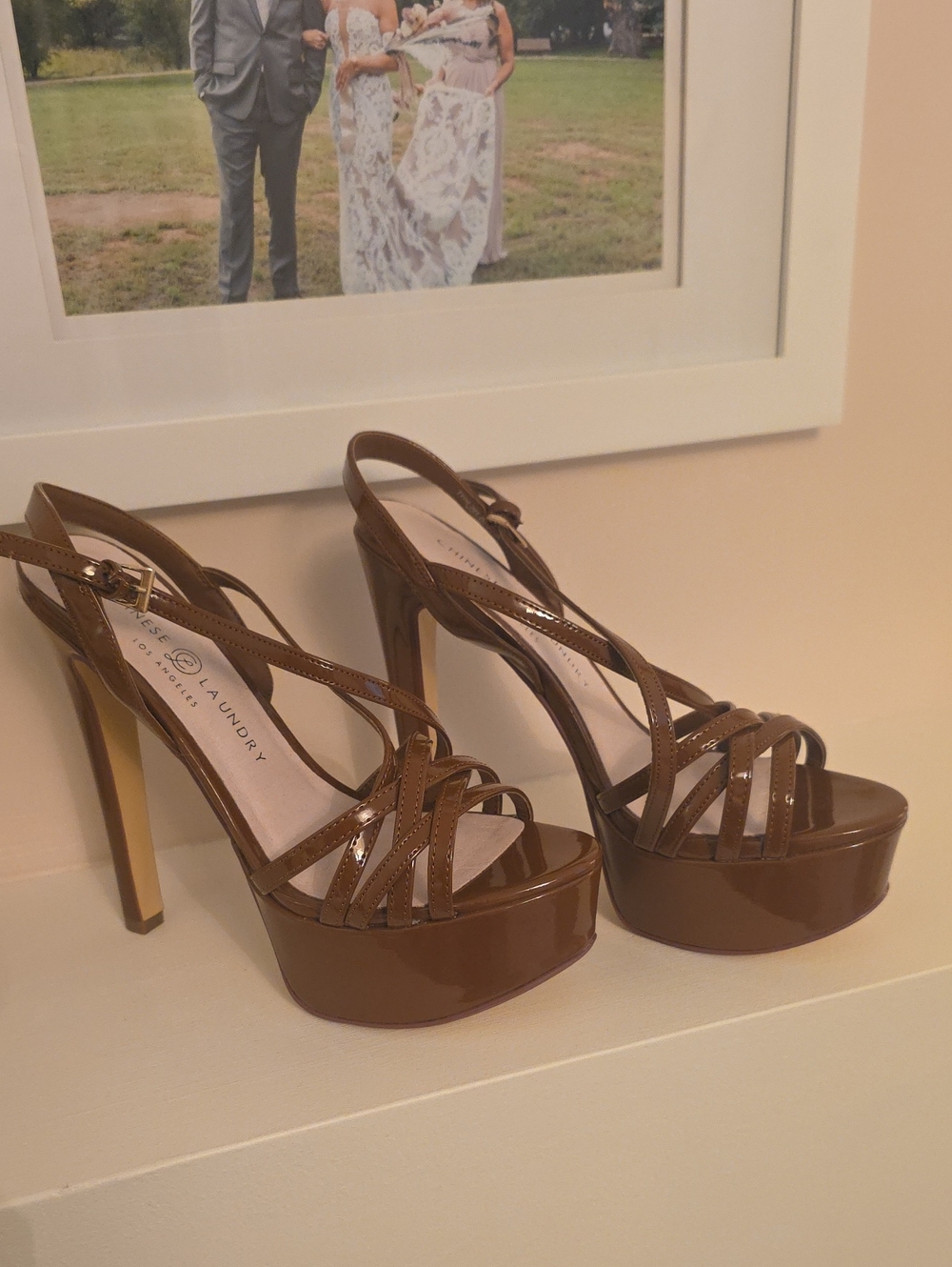 Chinese Laundry Brown Patent Platform Slingback Sandals